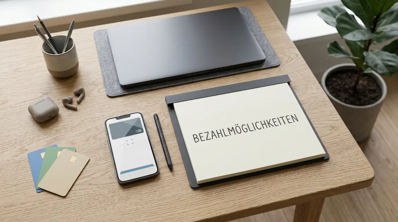 Übersicht verschiedener Zahlungswege für ein deutsches Online Casino auf einem Tisch
