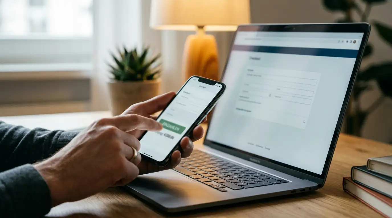 Hand hält Smartphone über dem geöffneten Kassenbereich eines Casinos zur Einzahlung