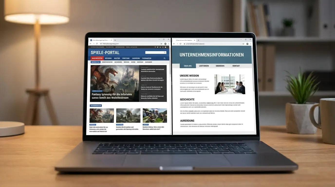 Laptop mit neutraler internationaler Casino-Oberfläche und offenem Impressum