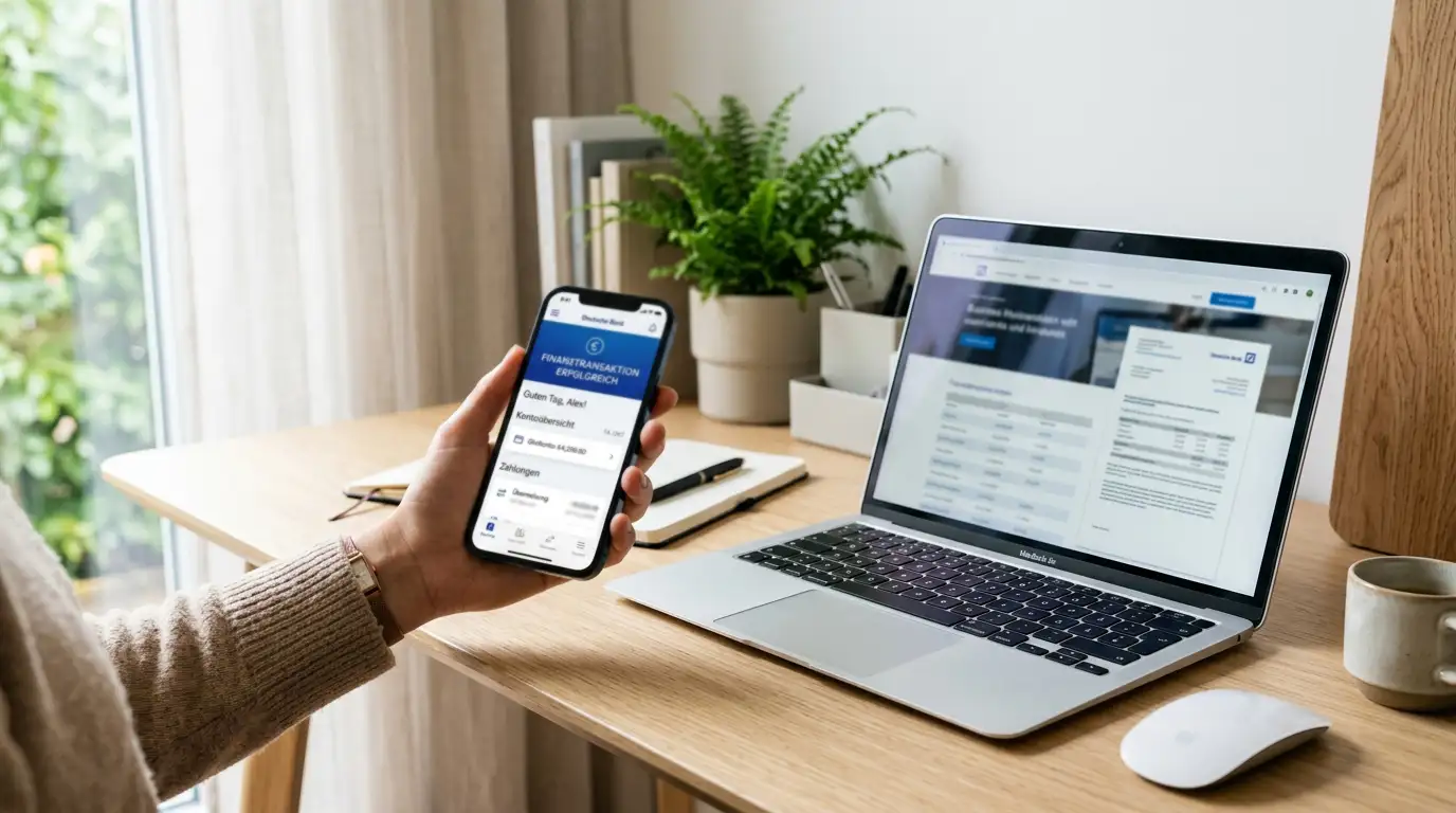 Hand hält Smartphone mit Banking-App neben Laptop auf modernem Schreibtisch