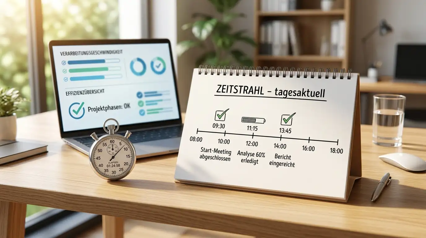 Planer mit Timeline-Markierungen und Laptop mit Fortschrittsanzeige auf Schreibtisch