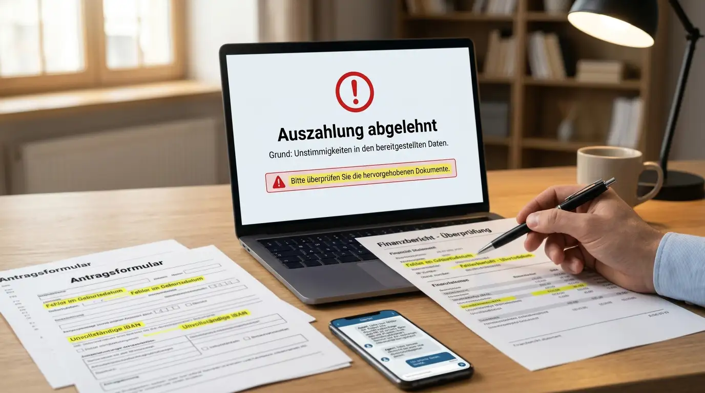 Laptop zeigt abgelehnte Auszahlung, Dokumente mit Fehlermarkierungen auf Schreibtisch