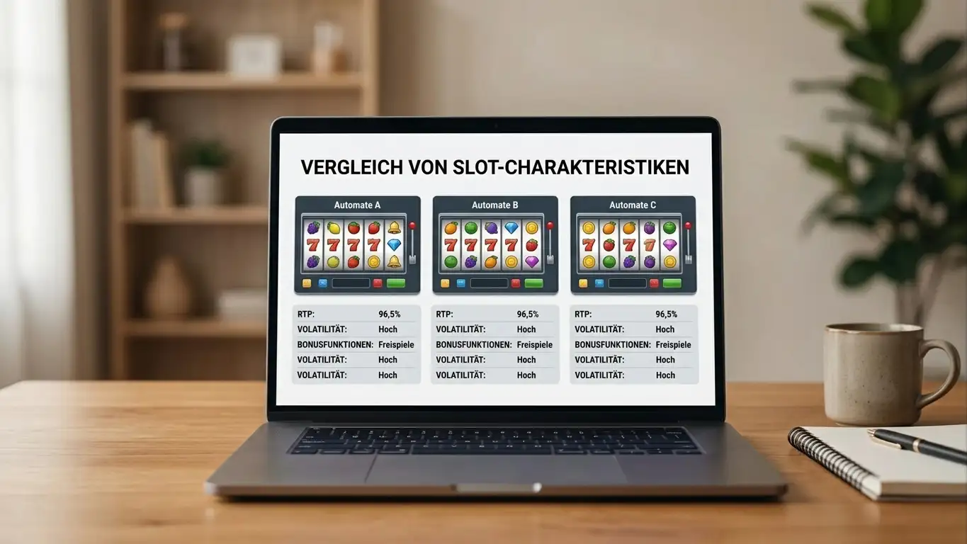 Laptop-Bildschirm zeigt drei generische Slot-Interfaces nebeneinander im Vergleich