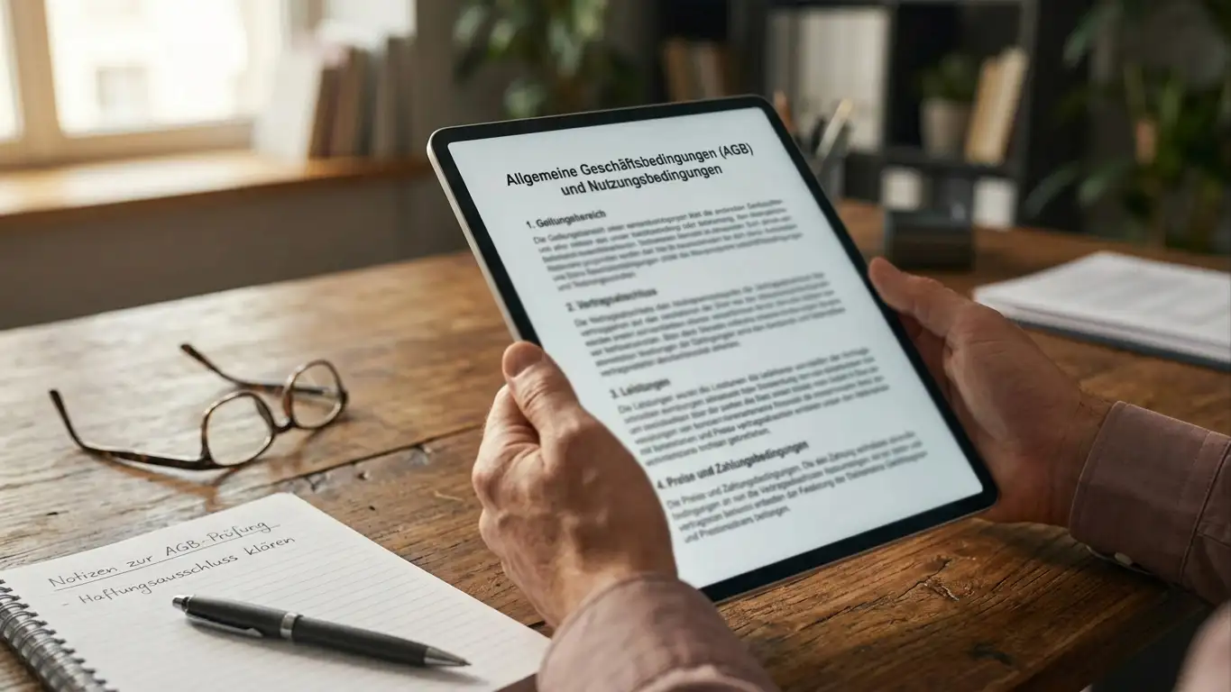 Hände halten Tablet mit Bonusbedingungen, Brille und Notizbuch auf Schreibtisch