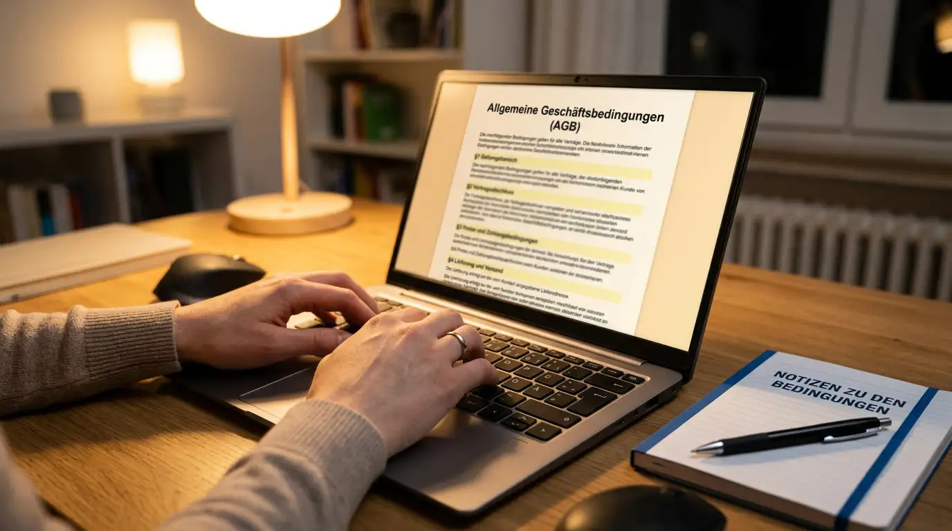 Person am Laptop liest Bonusbedingungen in einem geöffneten Dokument