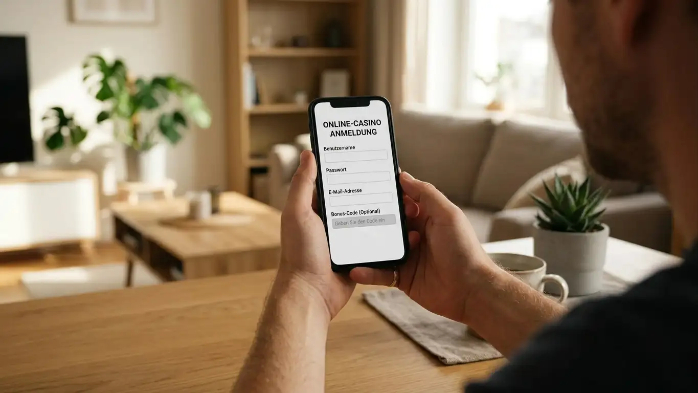 Person hält Smartphone mit geöffneter Casino-App und sichtbarer Bonusaktivierung