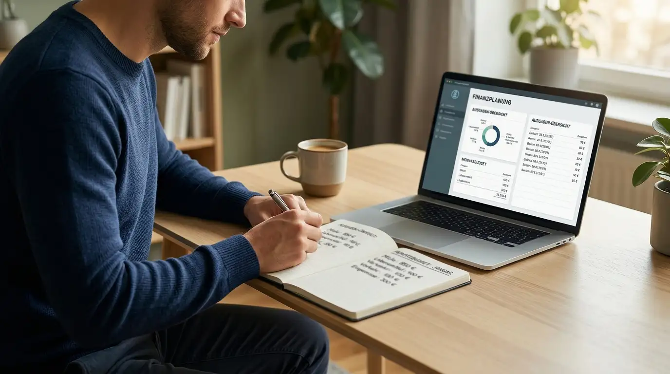 Person schreibt Budgetplan in Notizbuch mit Laptop auf Schreibtisch