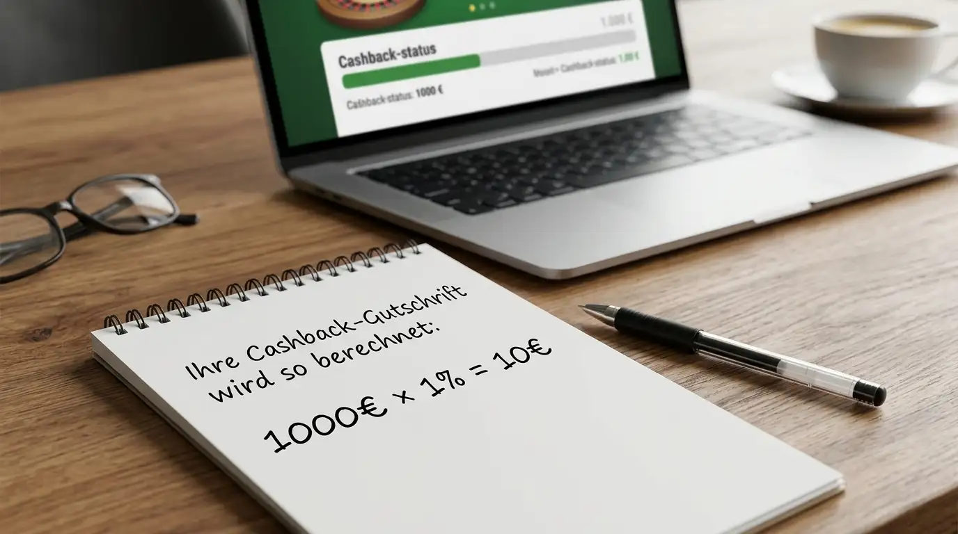 Notizblock mit Cashback-Rechnung, Laptop mit Casino-Interface im Hintergrund