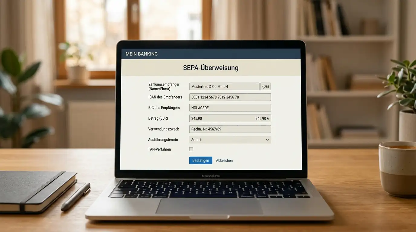 Laptop zeigt SEPA-Überweisung als Auszahlungsmethode im Casino-Account