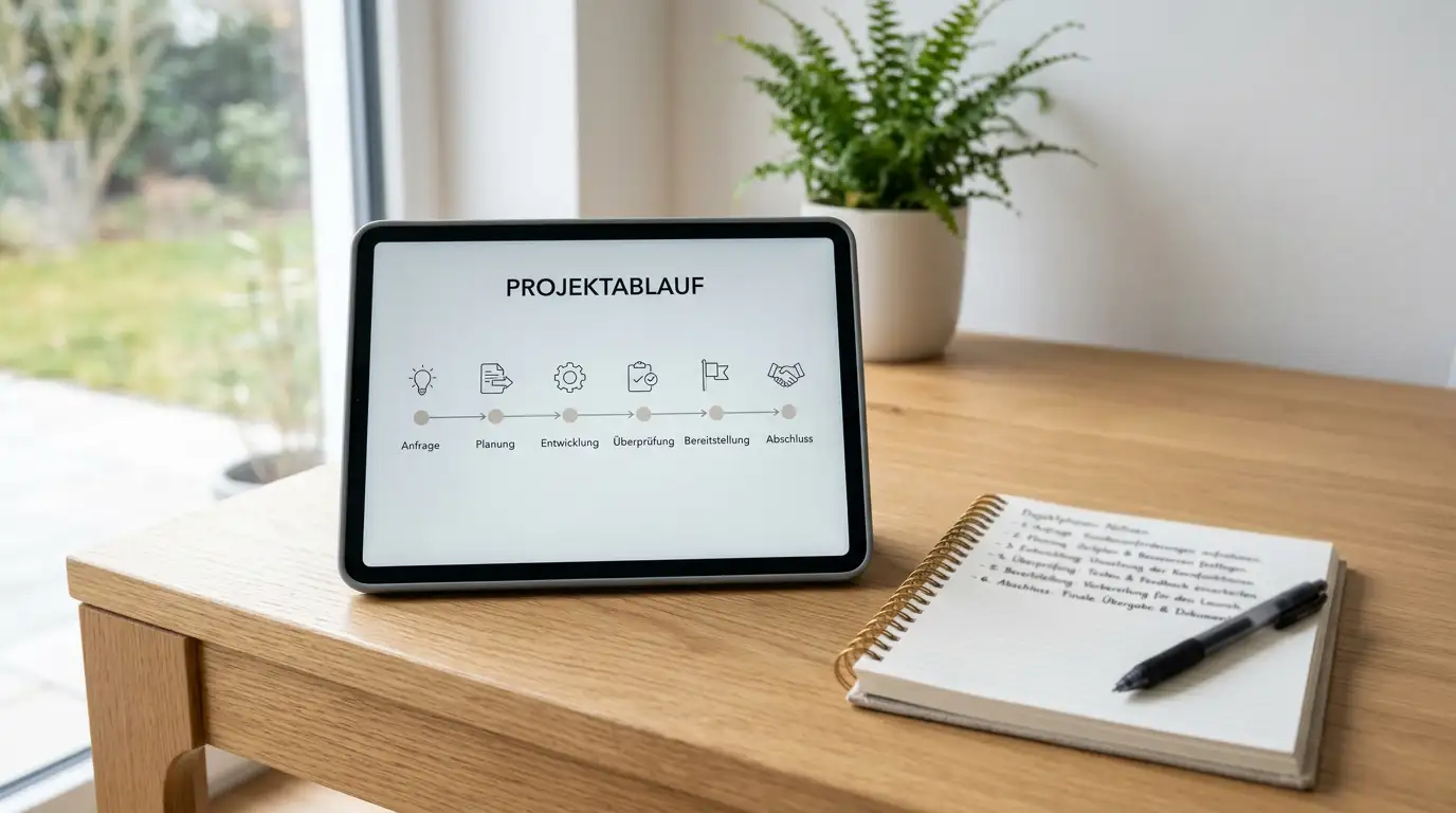 Timeline-Diagramm auf Tablet zeigt Auszahlungsphasen von Anforderung bis Gutschrift