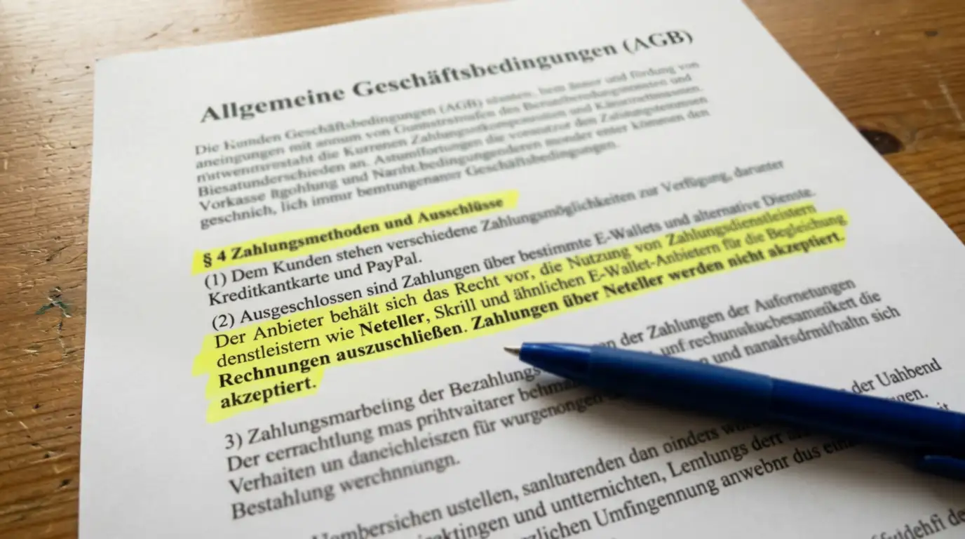 Bonusbedingungen-Dokument mit markiertem E-Wallet-Ausschluss-Absatz