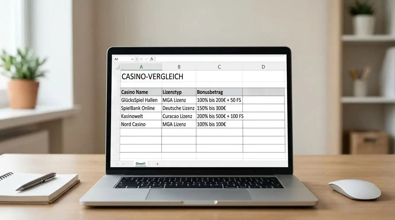 Vergleichstabelle mit Casino-Namen, Lizenzen und Bonusangeboten