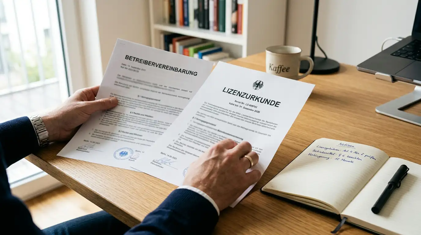 Person vergleicht Betreiberangaben und Lizenzdaten auf gedruckten Dokumenten
