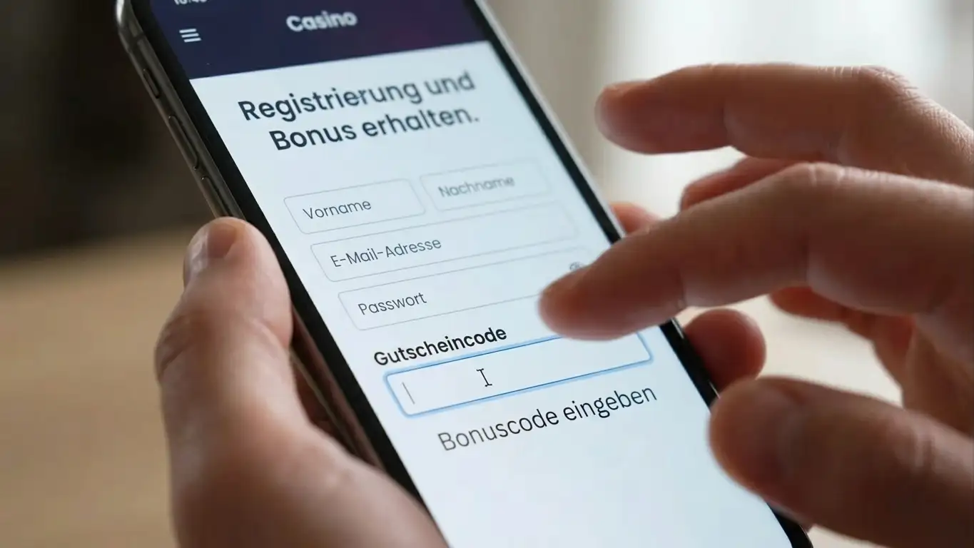 Smartphone mit Casino-Registrierungsformular und Bonuscode-Eingabefeld