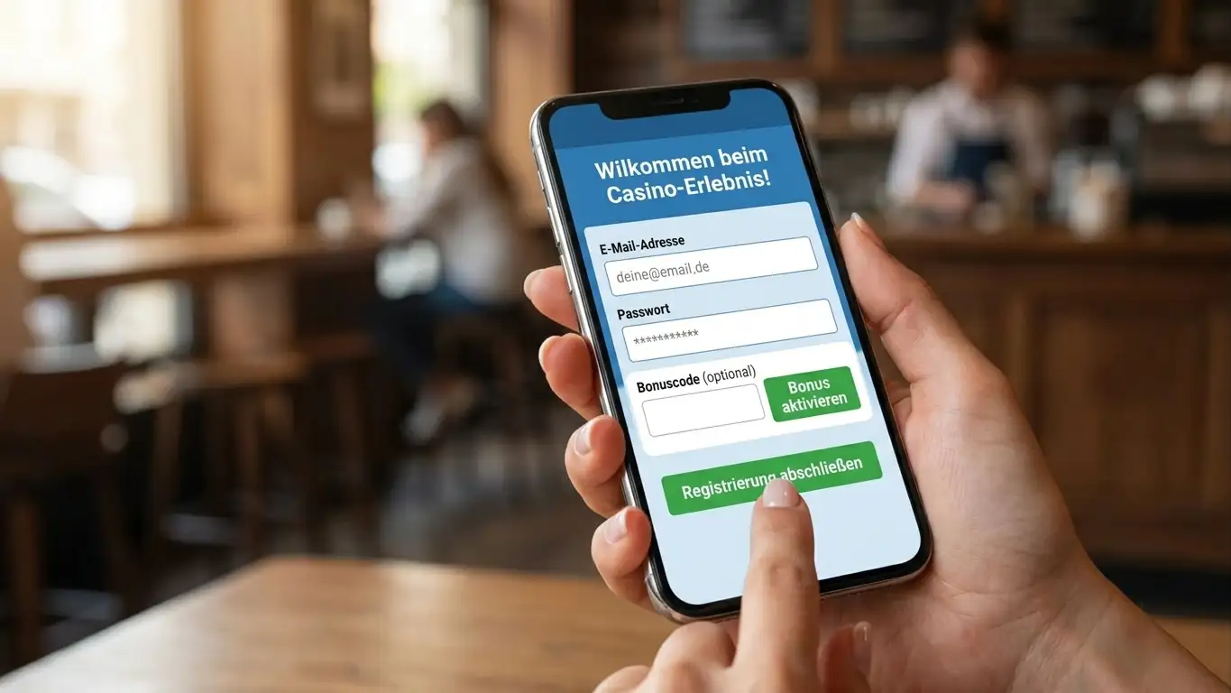 Smartphone mit Casino-Registrierungsformular und Bonusfeld
