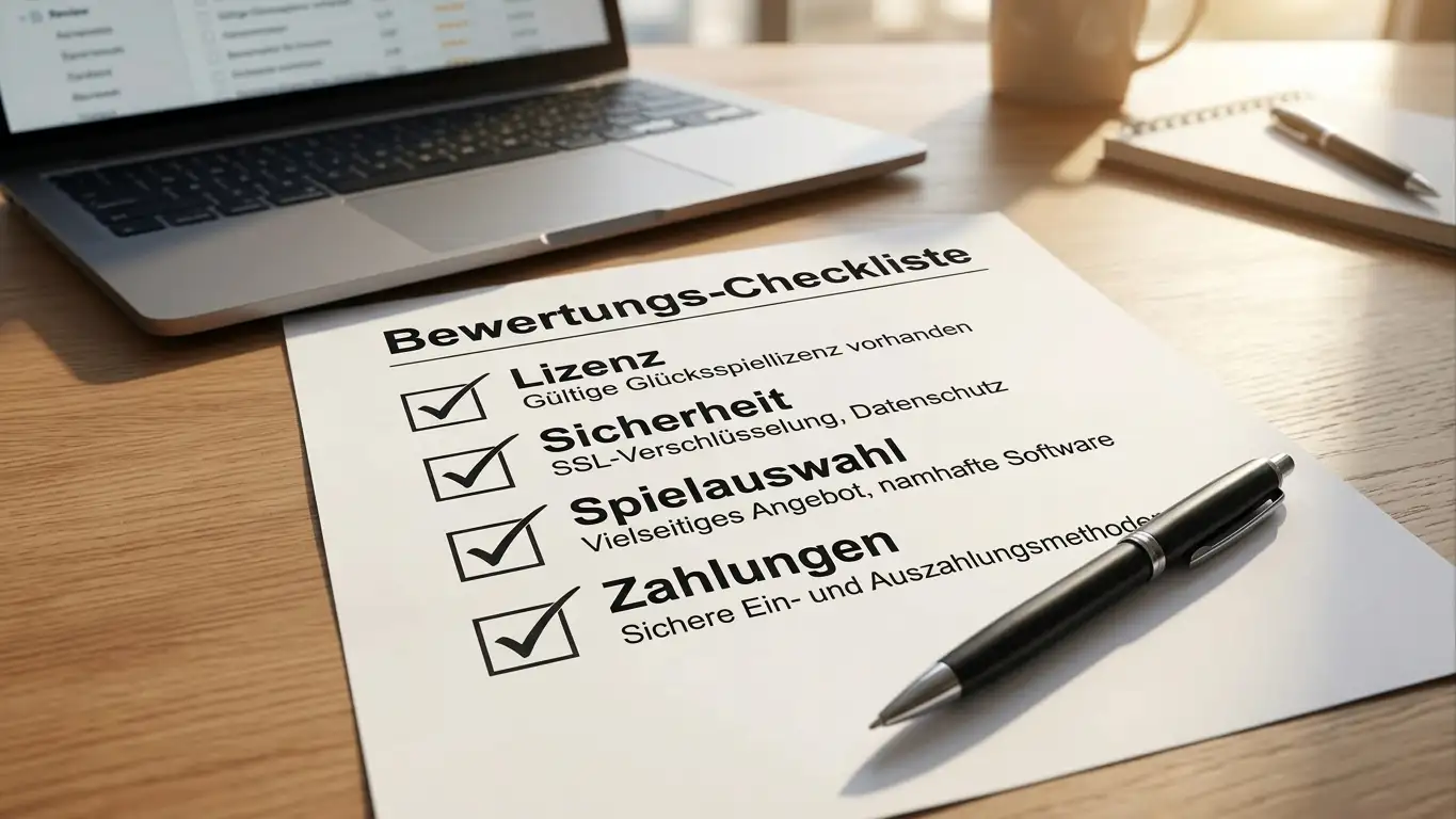 Checkliste mit Casino-Testkriterien und Checkmarks auf Schreibtisch