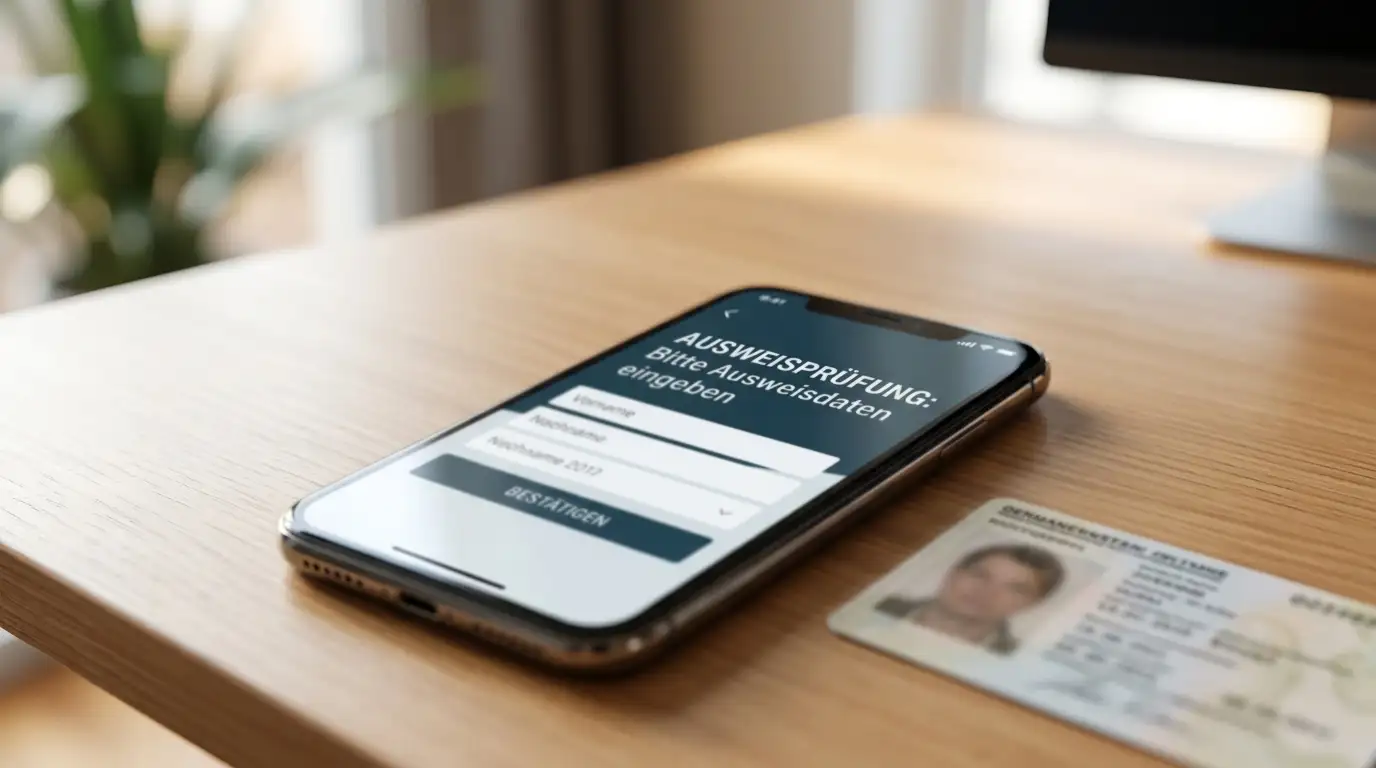 Smartphone mit Verifizierungs-App und Ausweisdokument auf Schreibtisch