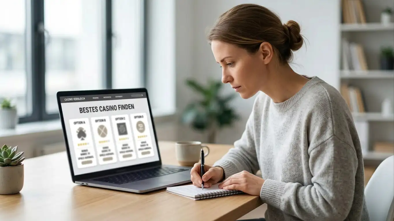 Person vergleicht Online Casinos mit Kreditkarte am Laptop
