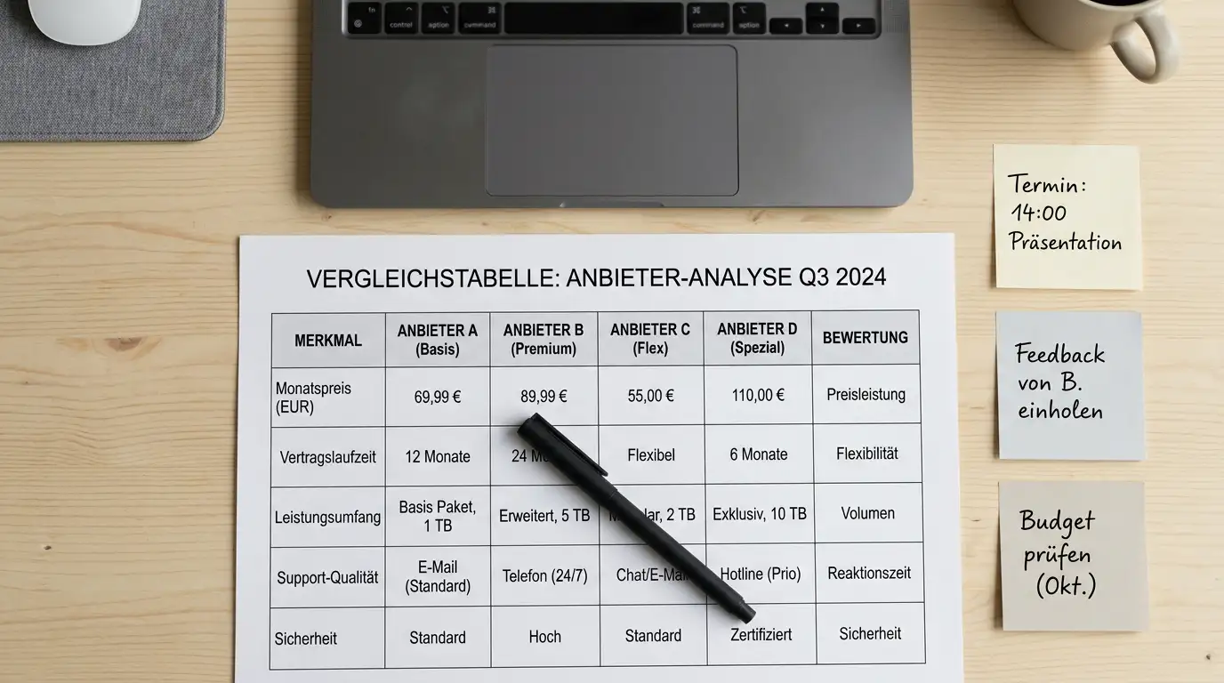 Übersichtsblatt mit Anbieterspalten und Lizenzangaben auf einem aufgeräumten Arbeitstisch