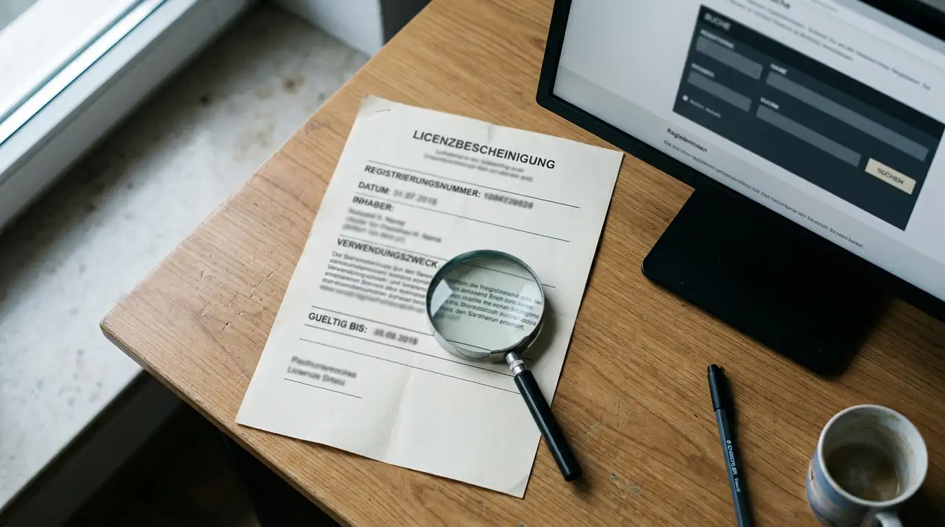 Neutrales Lizenzdokument ohne Wappen neben einem Bildschirm mit geöffnetem Registerverzeichnis