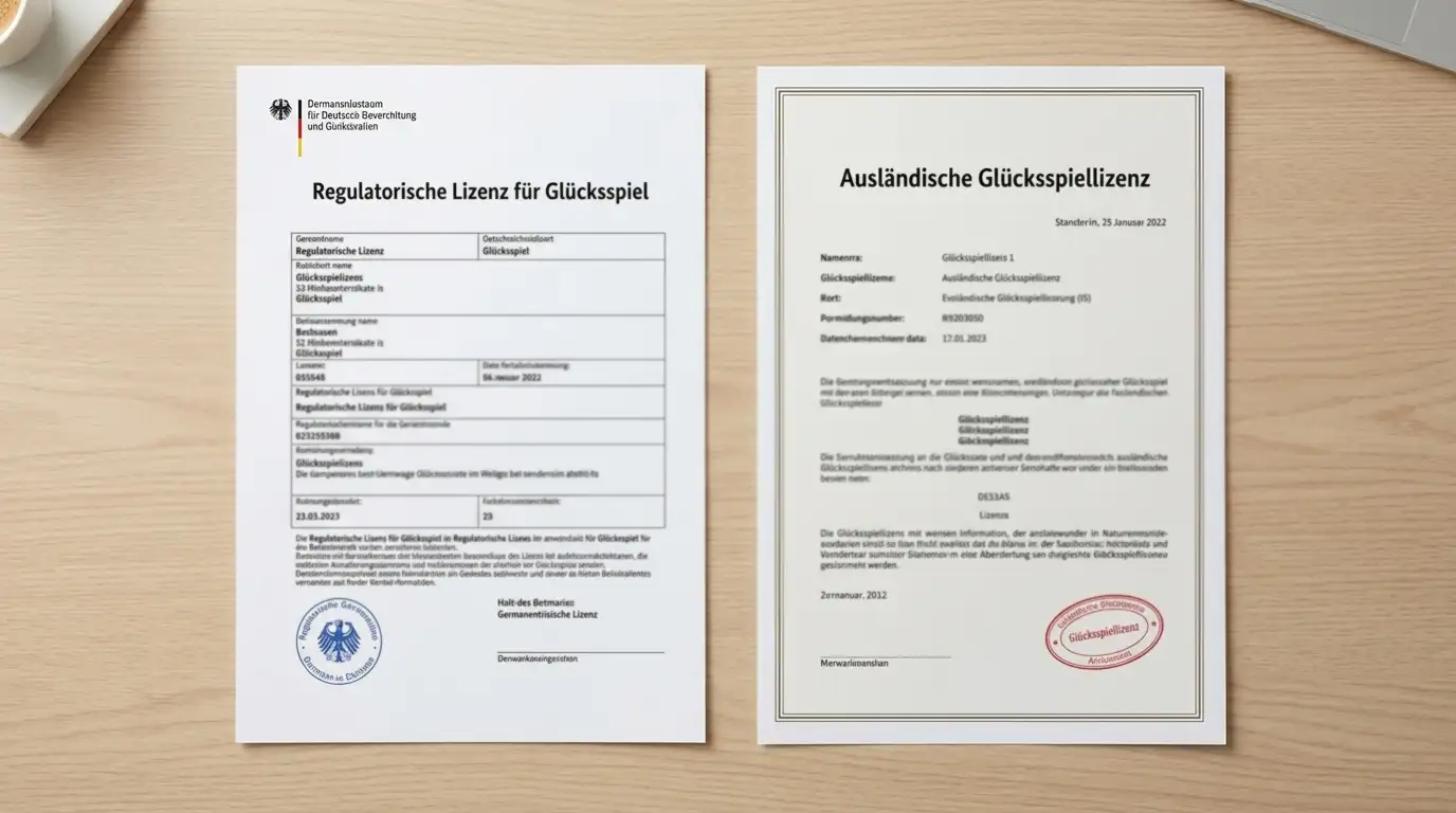 Offizielles Lizenzdokument mit deutscher Behördenkennung neben einem ausländischen Erlaubnisschreiben