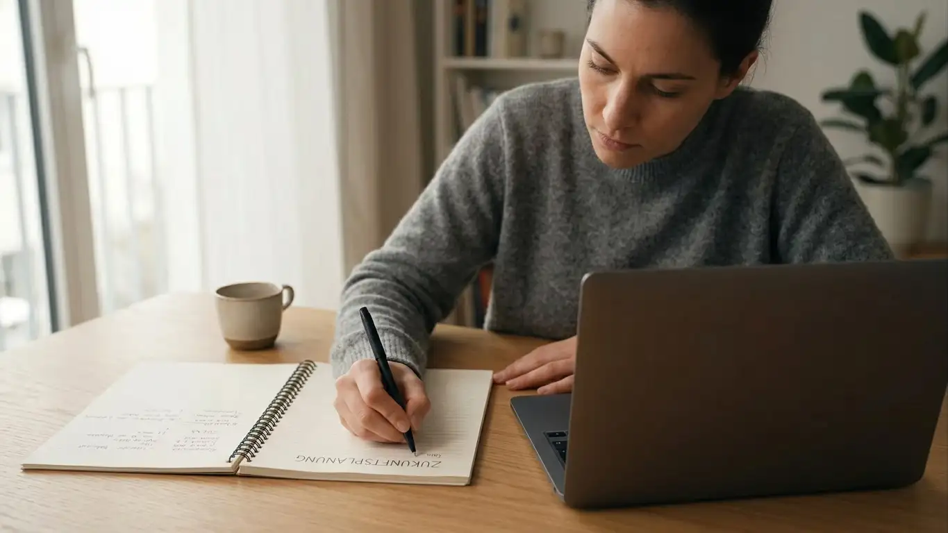 Person notiert monatliche Ausgaben mit Stift und Block neben einem Laptop