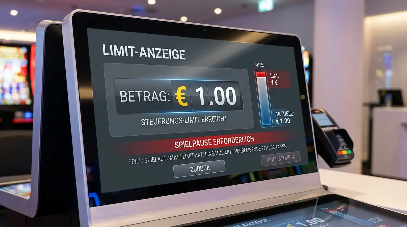 Spielautomaten-Interface mit Ein-Euro-Limit und Fünf-Sekunden-Pause zwischen Spins