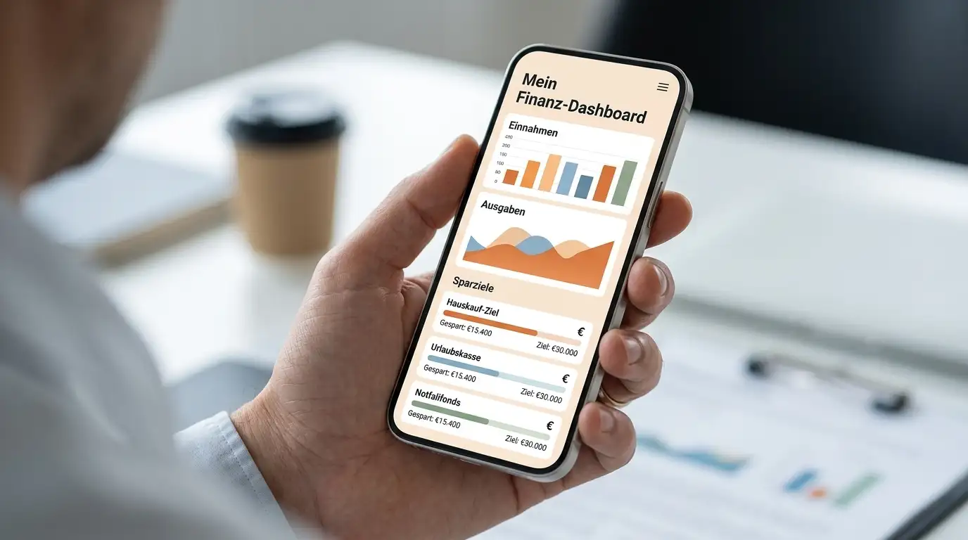 Smartphone zeigt Finanz-Dashboard mit Fortschrittsbalken und Euro-Symbolen