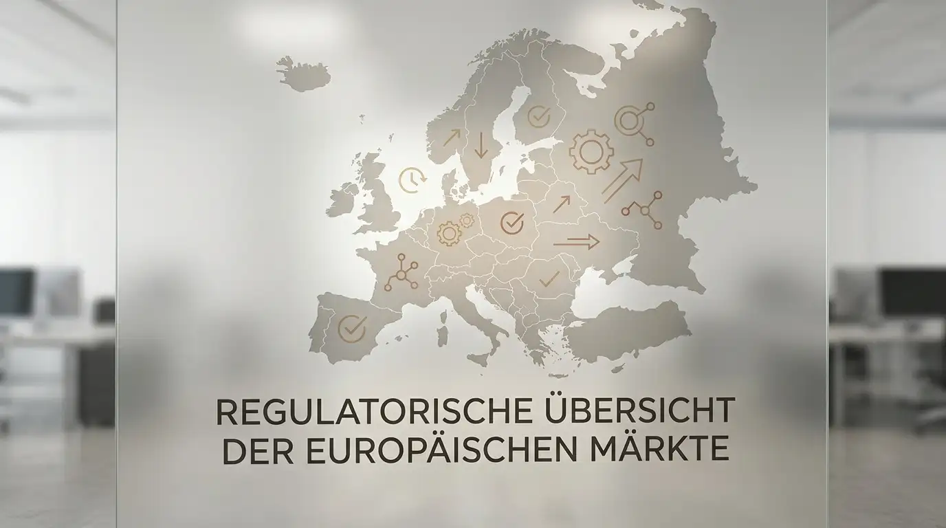 Stilisierte Europakarte mit verschiedenen regulatorischen Symbolen
