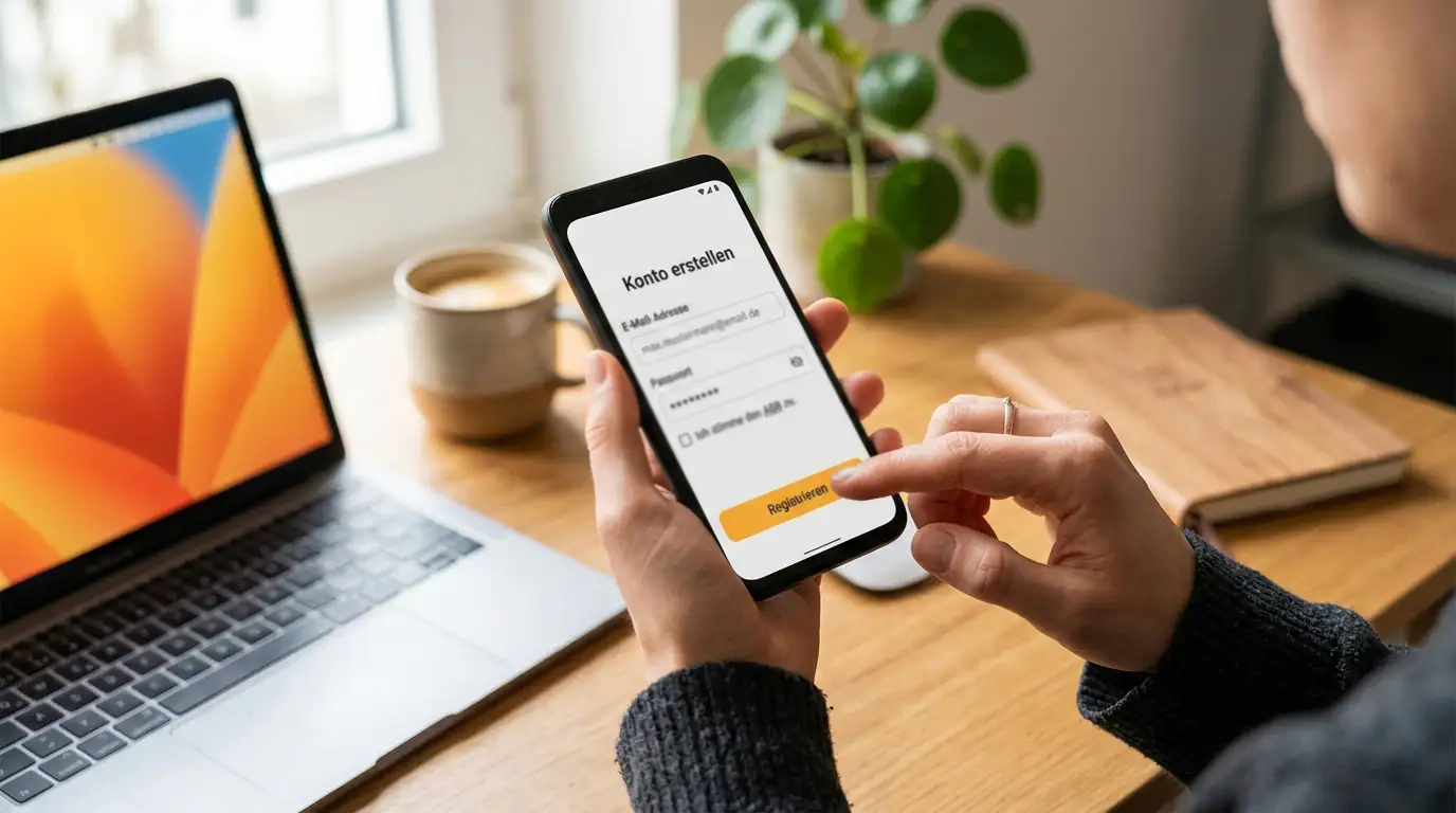 Smartphone-Bildschirm zeigt Registrierungsformular, Hände tippen Daten ein