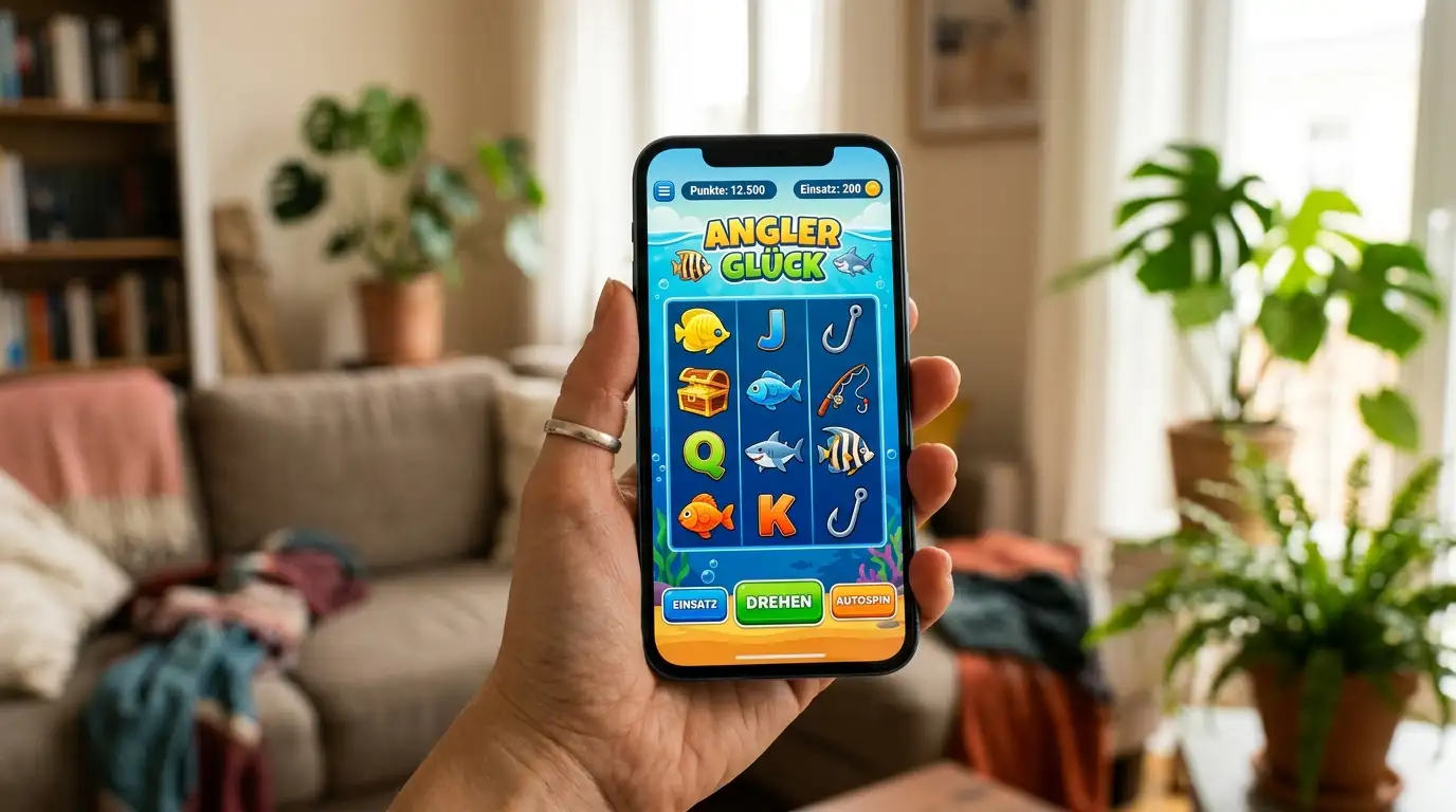 Smartphone zeigt Spielautomaten mit Fischerei-Motiv in entspannter Wohnumgebung