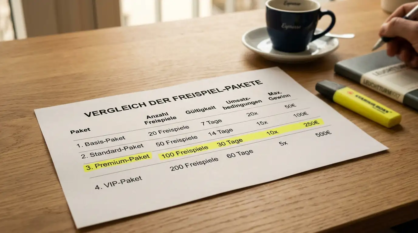 Vergleichstabelle mit Freispiel-Paketen von 20 bis 150 und deren tatsächlichem Wert