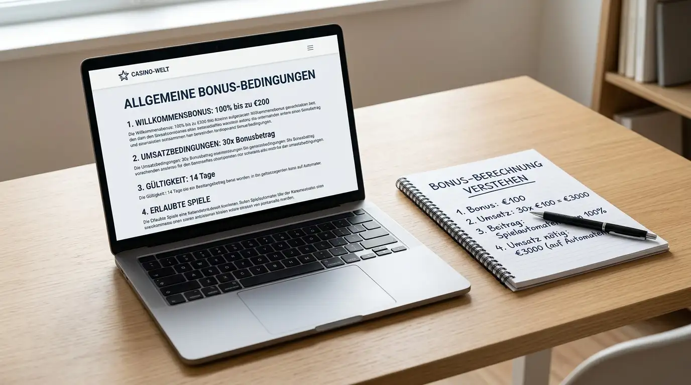 Laptop mit Casino-Bonusbedingungen und Notizen zur Umsatzberechnung