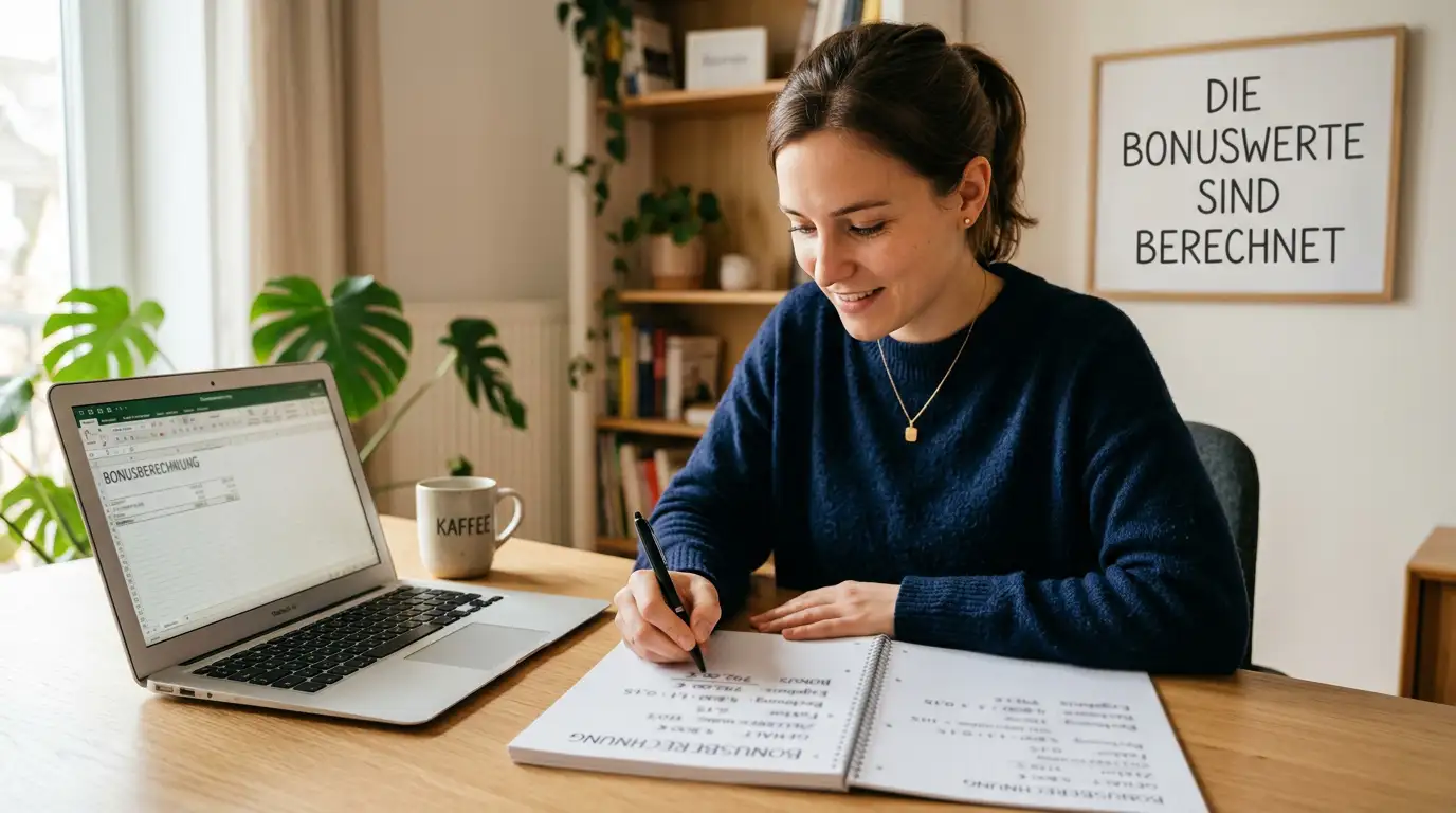 Person am Laptop mit Notizblock und Stift rechnet Bonuswert durch