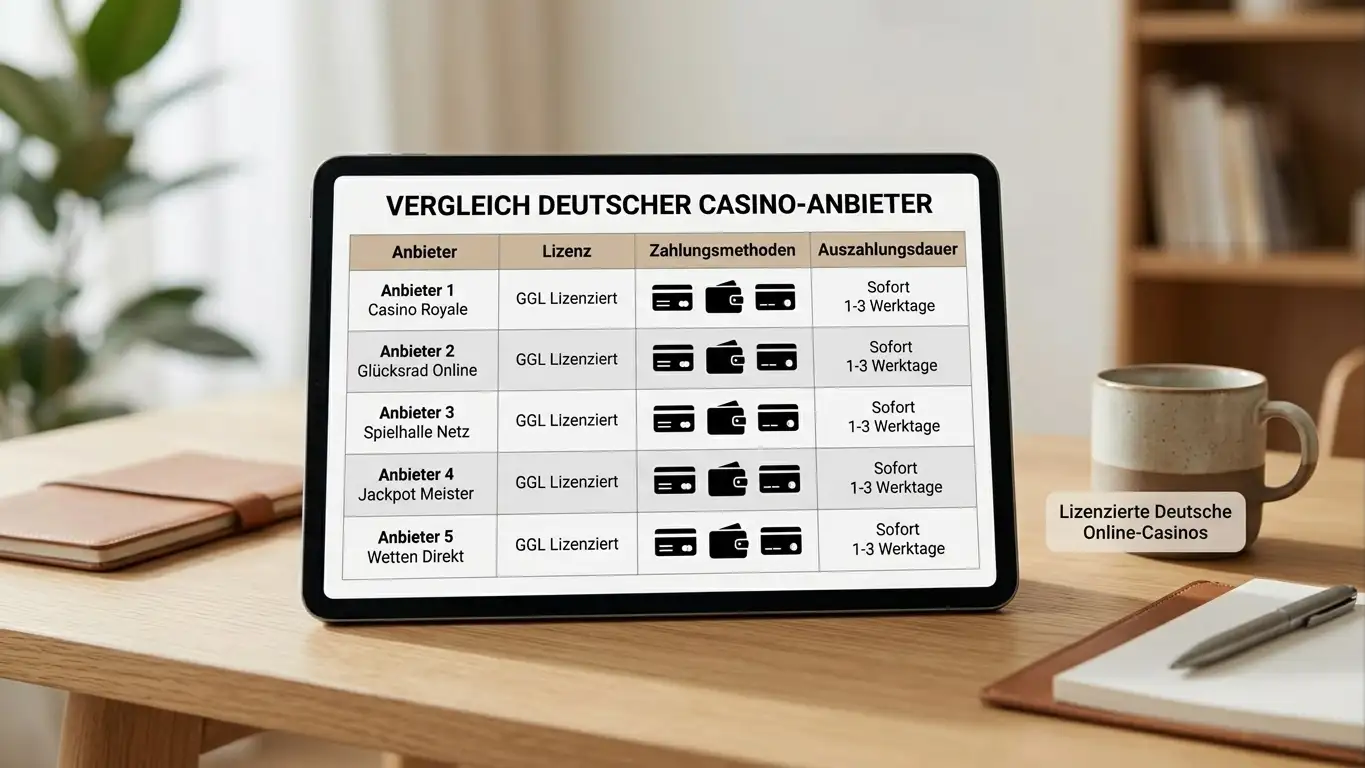 Vergleich von fünf legalen Casino-Anbietern auf einem Tablet-Bildschirm