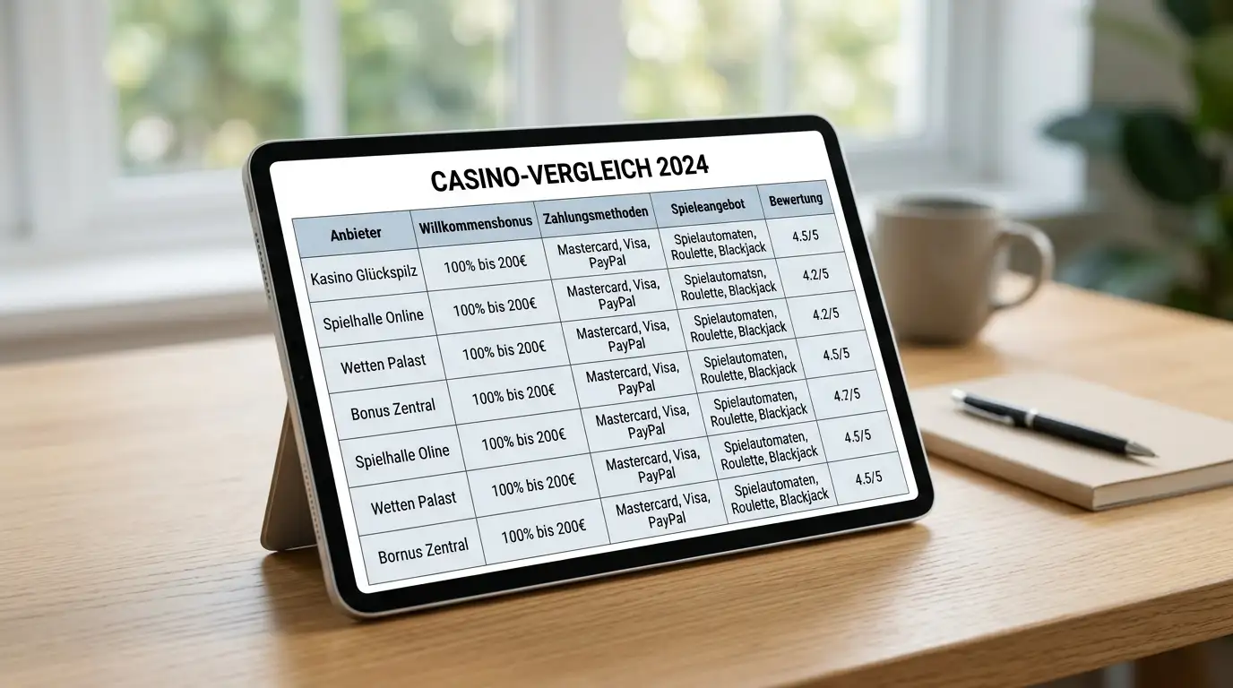 Vergleichstabelle verschiedener Casinos auf Tablet-Bildschirm