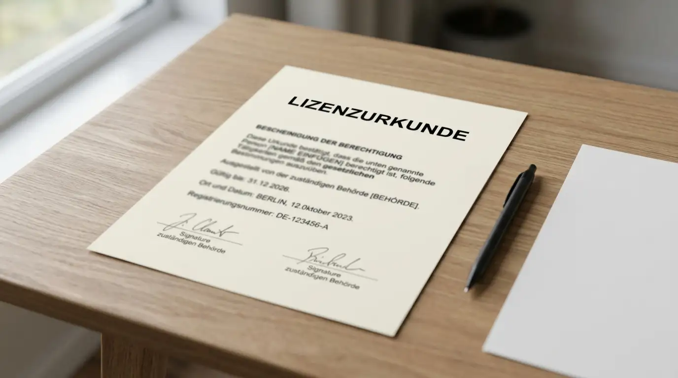 Neutrales Lizenzdokument auf einem Schreibtisch ohne erkennbares Wappen