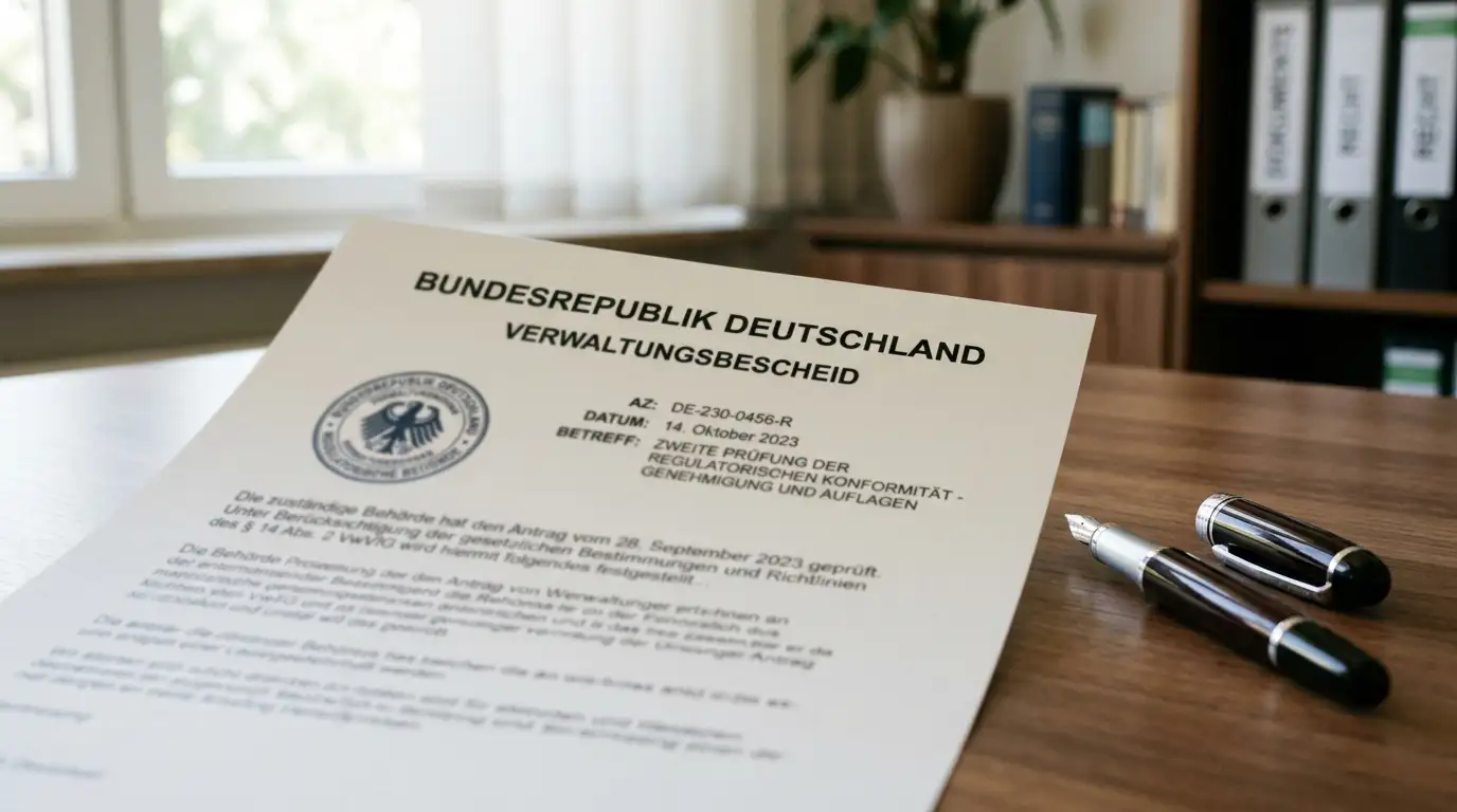 Offizielles Dokument mit GGL-Siegel und deutschen Regulierungstext auf Schreibtisch