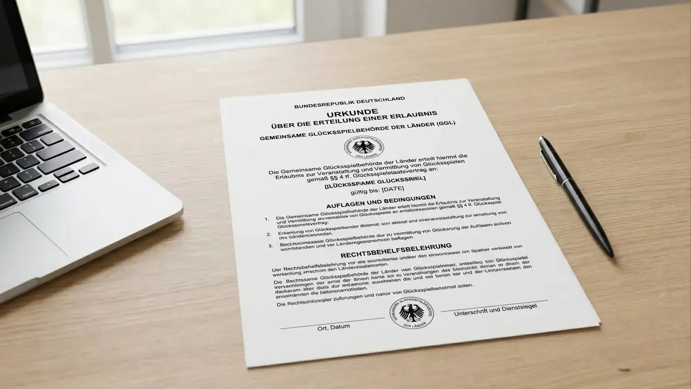 Offizielles GGL-Lizenzdokument auf Schreibtisch mit Laptop und Stift