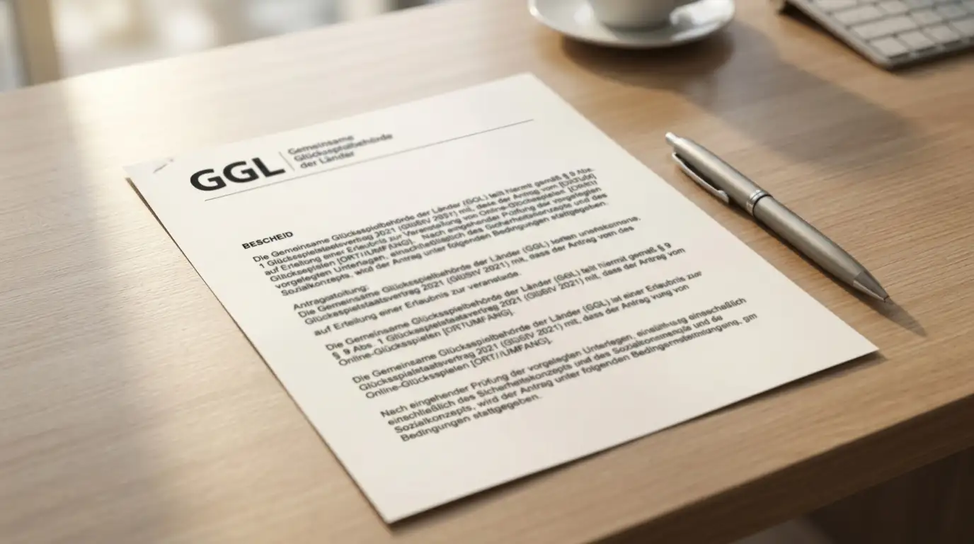 Offizielles Dokument mit GGL-Logo und deutschen Regelungstexten auf Schreibtisch