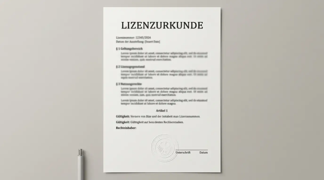Offizielles Lizenzdokument und Paragraphensymbole auf neutralem Hintergrund