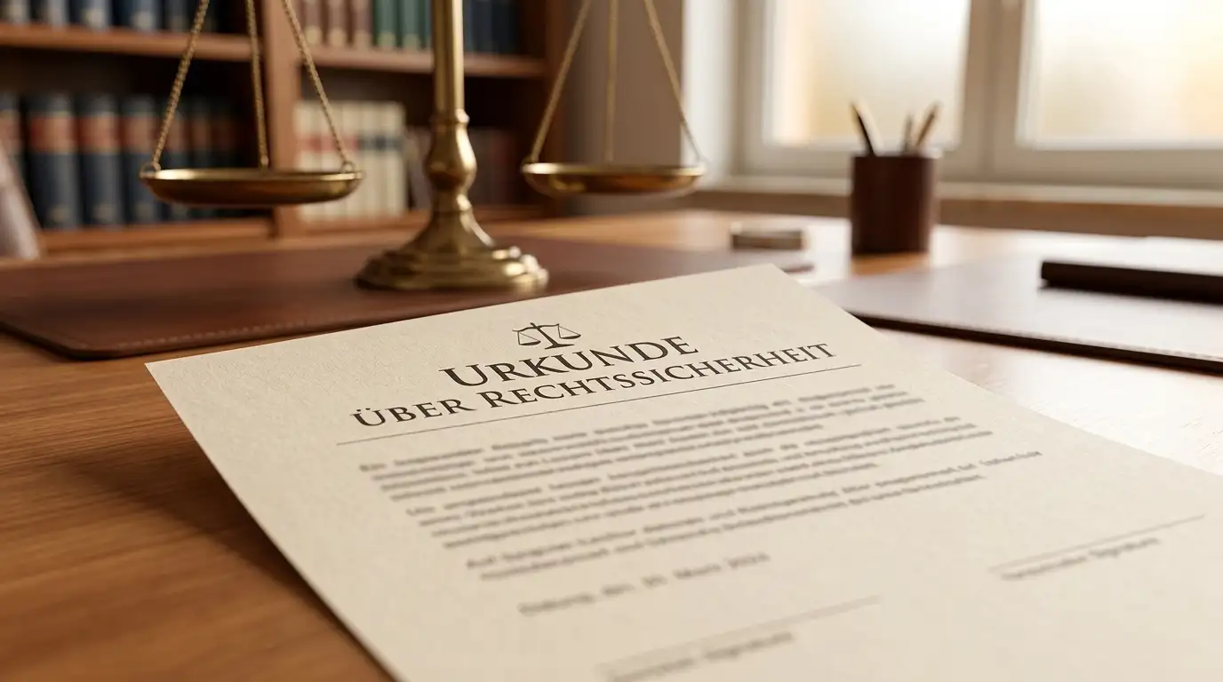 Neutrales Lizenzdokument und Waage als Symbol für Rechtssicherheit