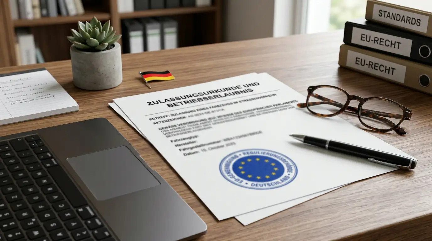 Gesetzesdokument mit EU-Lizenzsiegel und Laptop im Hintergrund