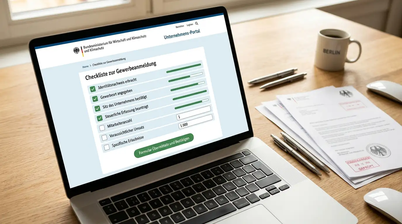 Laptop mit GGL-Whitelist und Verifikationsdokumenten auf Schreibtisch