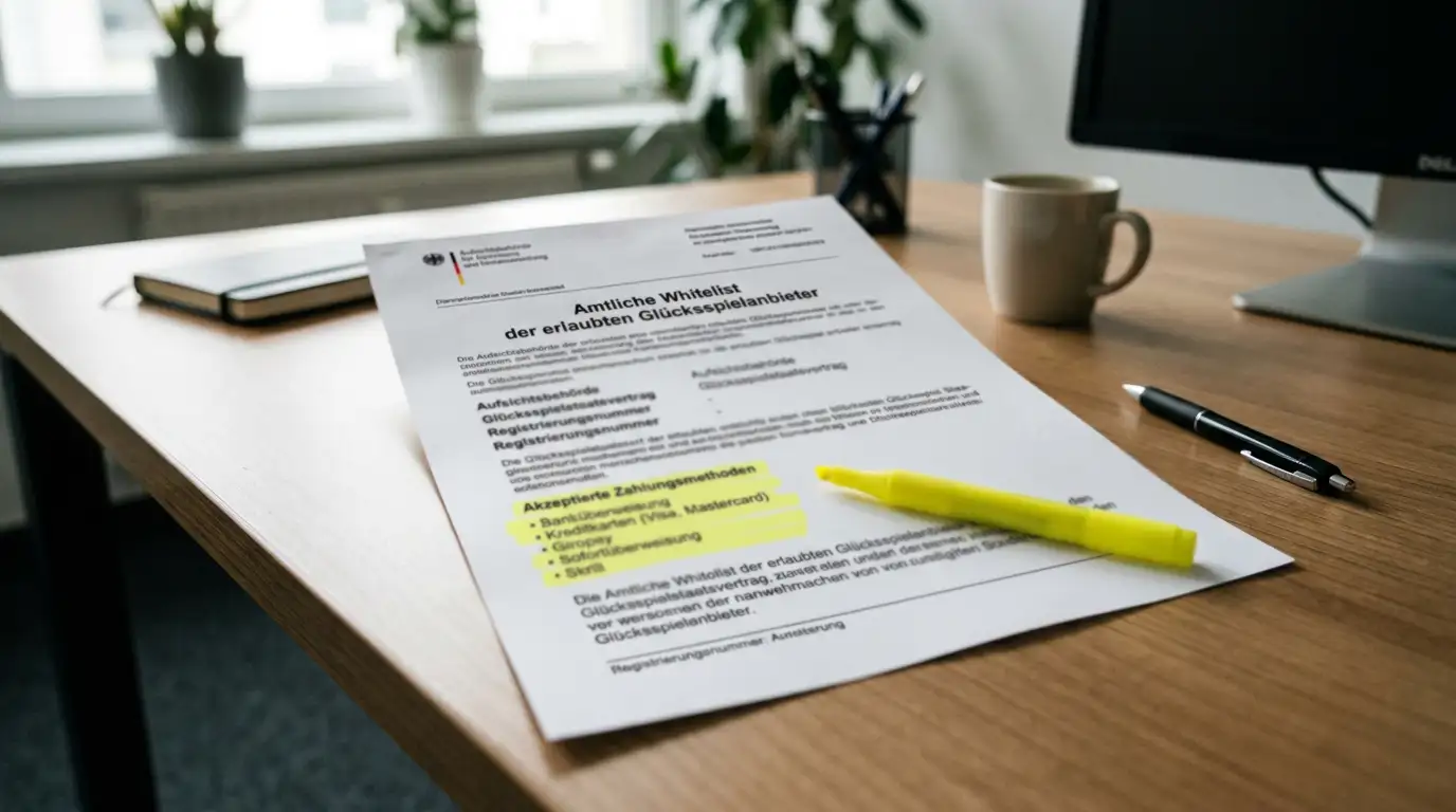 Offizielles GGL-Whitelist-Dokument mit hervorgehobenen Zahlungsmethoden ohne Skrill