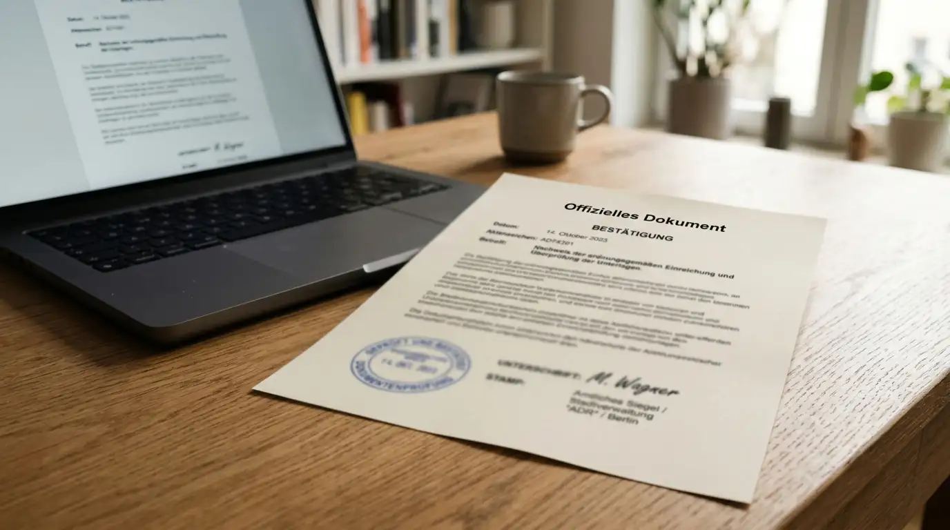Neutrales offizielles Dokument mit Prüfstempel neben einem Laptop