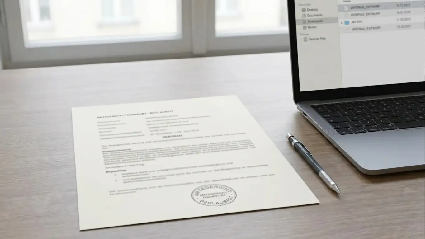 Amtliches deutsches Glücksspieldokument mit Stempel neben einem Laptop