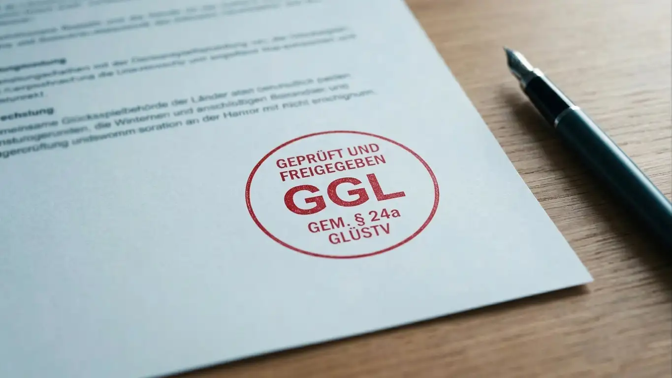 Offizielles Dokument mit GGL-Siegel auf aufgeräumtem Schreibtisch mit Stempel