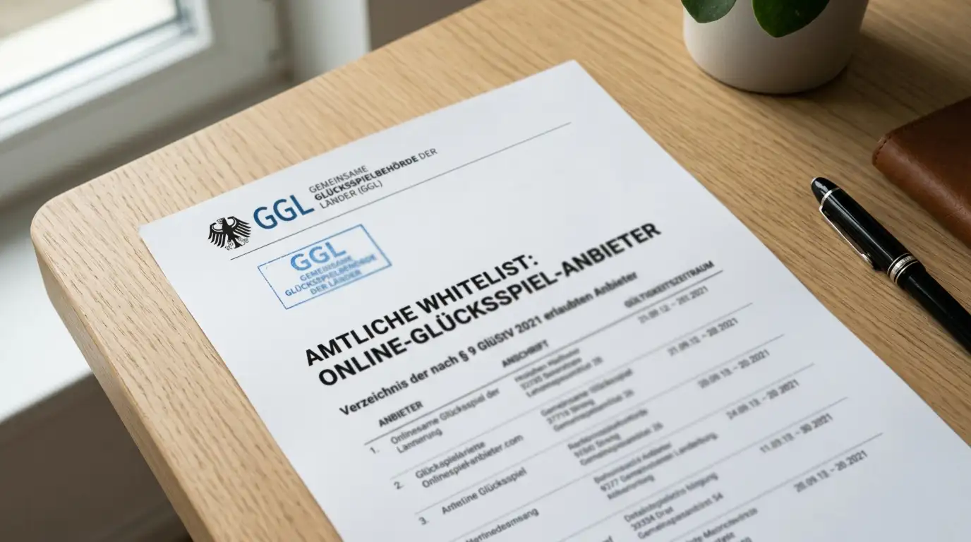 GGL-Whitelist Dokument auf einem Schreibtisch mit Stempel