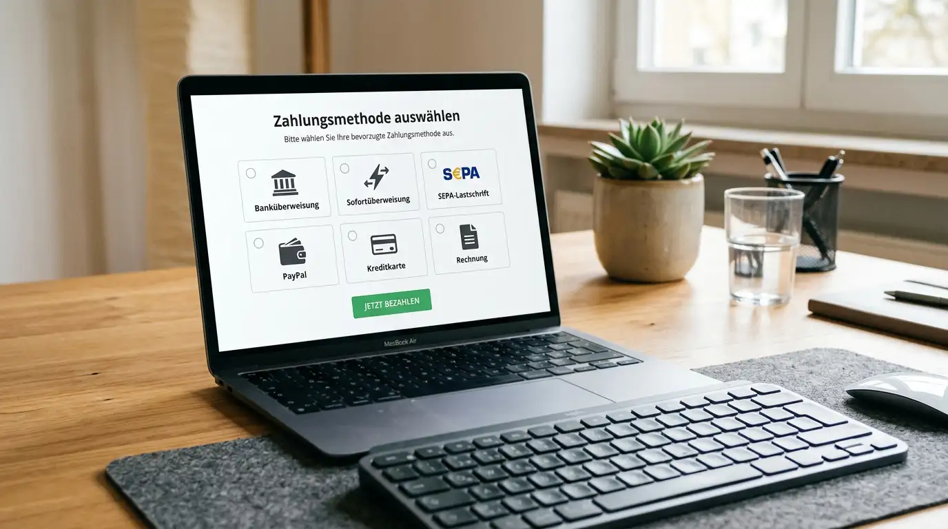Zahlungsmethoden-Symbole PayPal, Trustly, Giropay auf Bildschirm